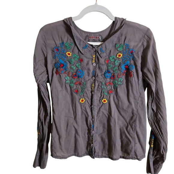 Johnny Was One Of A Kind Sample Taupe Embroidered Button Down Blouse Size S - Picture 2 of 9